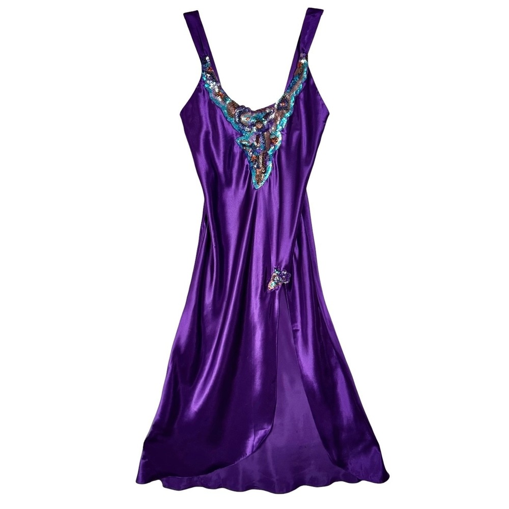 Vintage Victoria's Secret‎ Purple Satin Midi Slip Dress Sz S Sequin Beaded Fairy